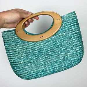Aqua Teal Wood Handled 100% Straw Handbag Lined